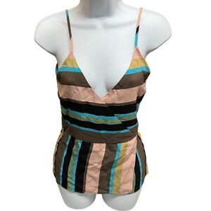 Zara Top Womens XS Brown‎ Stripe Tank Plunge Pink Blue Faux Wrap Plunge V Neck